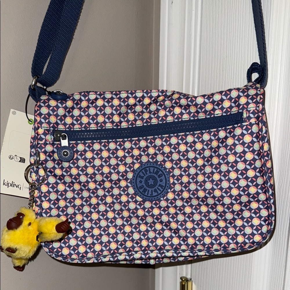 Kipling Crossbody Bag in Blue and Red with Geometric Design